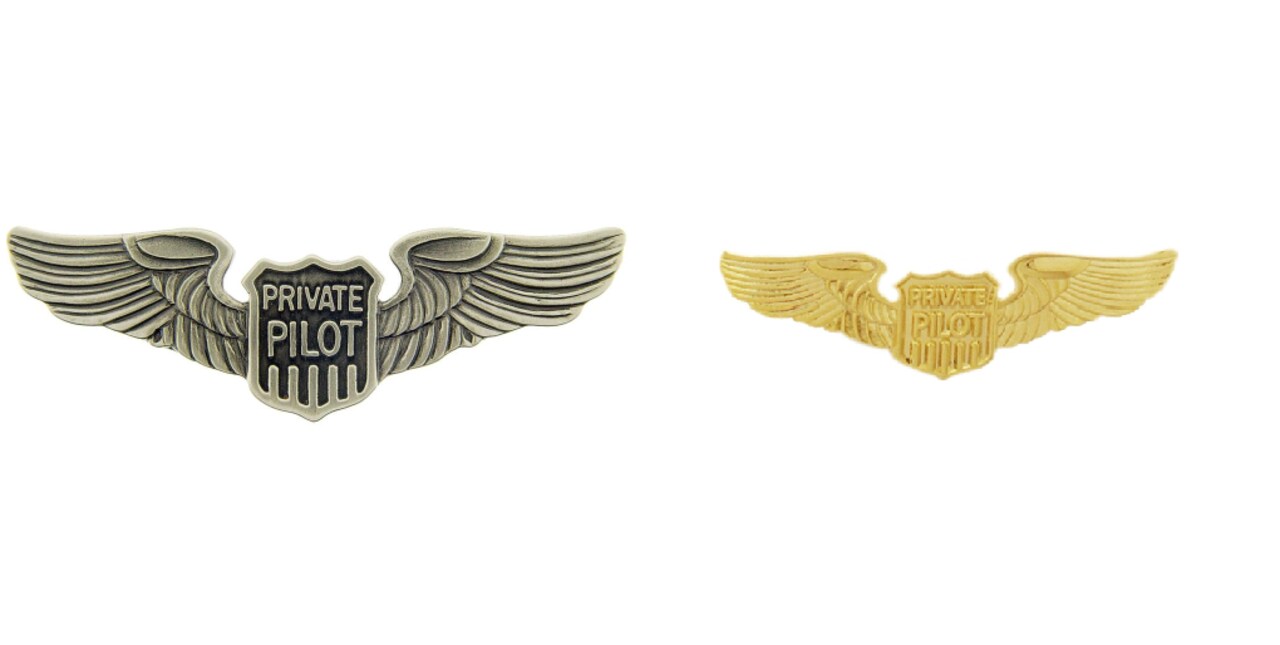 2 Private Pilot Wings Pins, 1 Gray 2 7/8" Wide and 1 Gold Plated, 1 1/2" Wide